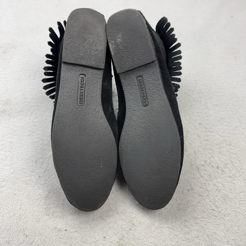 Minnetonka Boots Womens Size 7.5 Black Suede Fringe Ankle Booties Zip 289